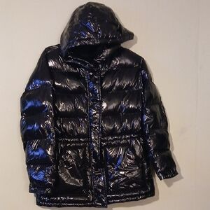 Women's Shiny Black Hooded Puffer Jacket Size XS